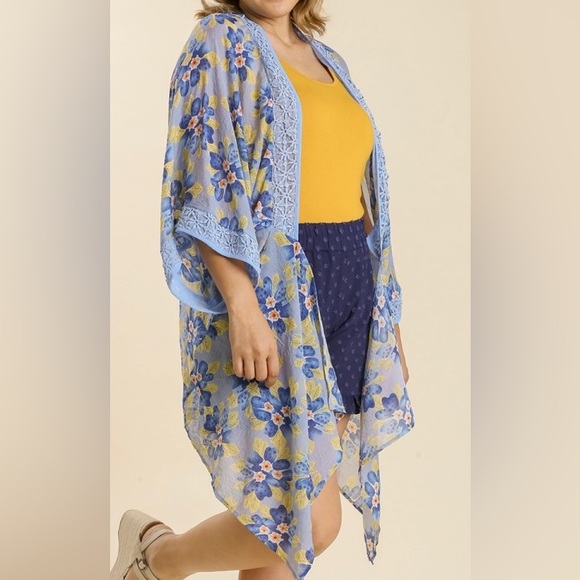 Sheer Floral Print Open Front Kimono with Crochet Detail - Picture 2 of 5